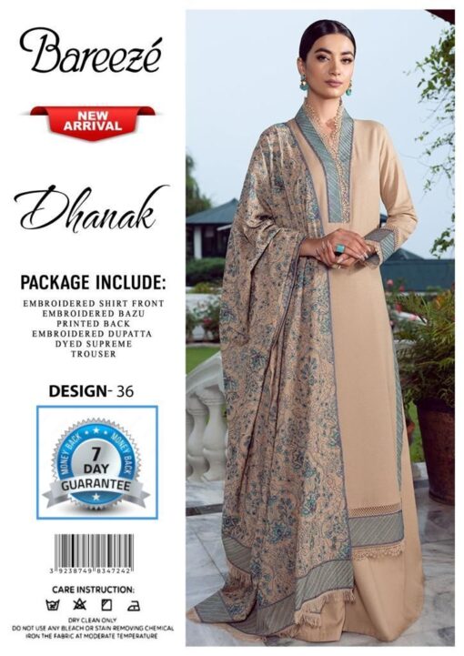 bareeze embroidered dhanak suit