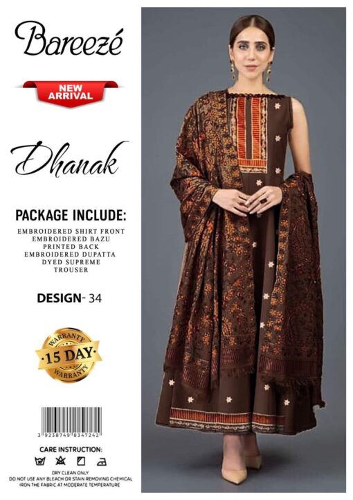 bareeze embroidered dhanak suit
